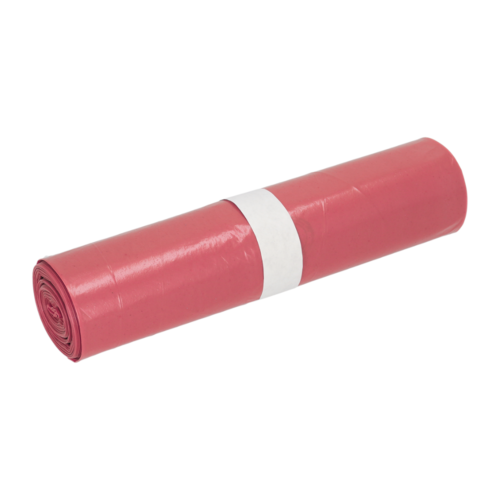 A roll of DEISS garbage bags made of LDPE, 21770, 70 liters, type 60 red with a white paper band in the middle, made from recycled LDPE by EMIL DEISS KG (GmbH + Co.), lies on a plain white background.