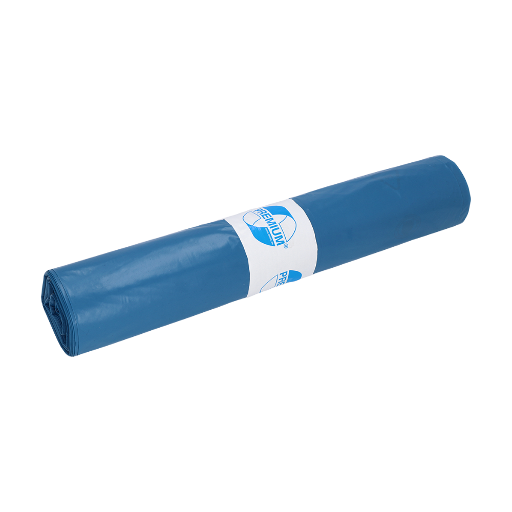A roll of DEISS premium garbage bags, model 90059, with blue 140-liter bags from EMIL DEISS KG (GmbH + Co.), is equipped in the middle with a white label with a blue logo and text. These bags are made from recycled LDPE and are neatly rolled into a compact cylindrical shape.