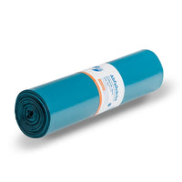 A roll of DEISS Premium Plus® Type 100 trash bags (10010) in blue, made from climate-neutralized recycled material, features a white-and-orange label. The 120-liter bags from EMIL DEISS KG (GmbH + Co.) are displayed horizontally on a white background and offer both durability and environmental friendliness.