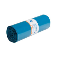 Set against a simple white background is a rolled-up trash bag from the DEISS Premium Plus® line, featuring a carbon-neutral label with text and logos. This blue heavy-duty trash bag from EMIL DEISS KG (GmbH + Co.), made from recycled PE, is extremely tear-resistant and puncture-proof.