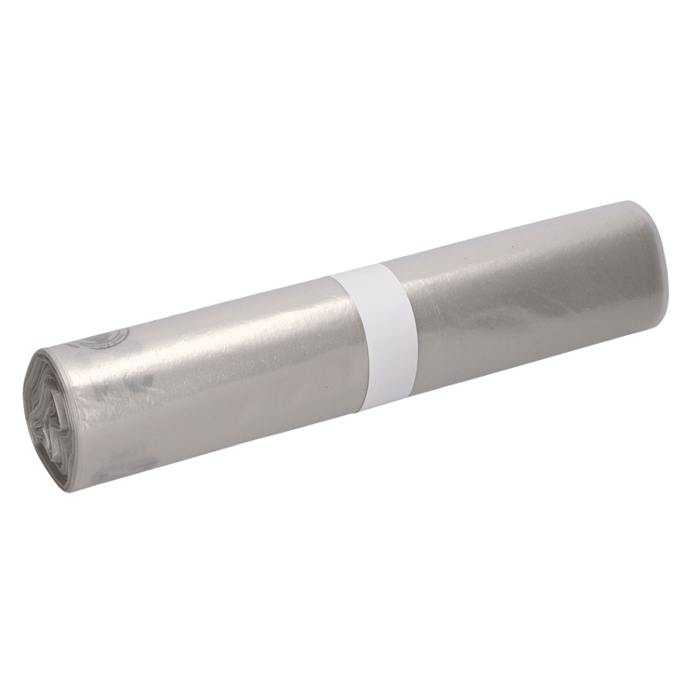A roll of DEISS LDPE garbage bags with a capacity of 120 liters, in the color translucent silver, wrapped in the middle with a white paper banderole by EMIL DEISS KG (GmbH + Co.).