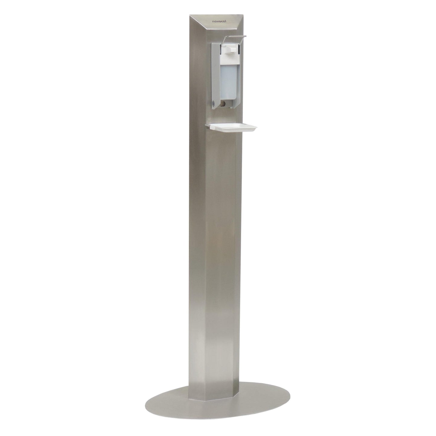 The Novocal stainless steel disinfection center stand model (height: 1.52 m) features a white pump dispenser, a drip tray, and a stable base - ideal for hygienic and convenient hand disinfection.
