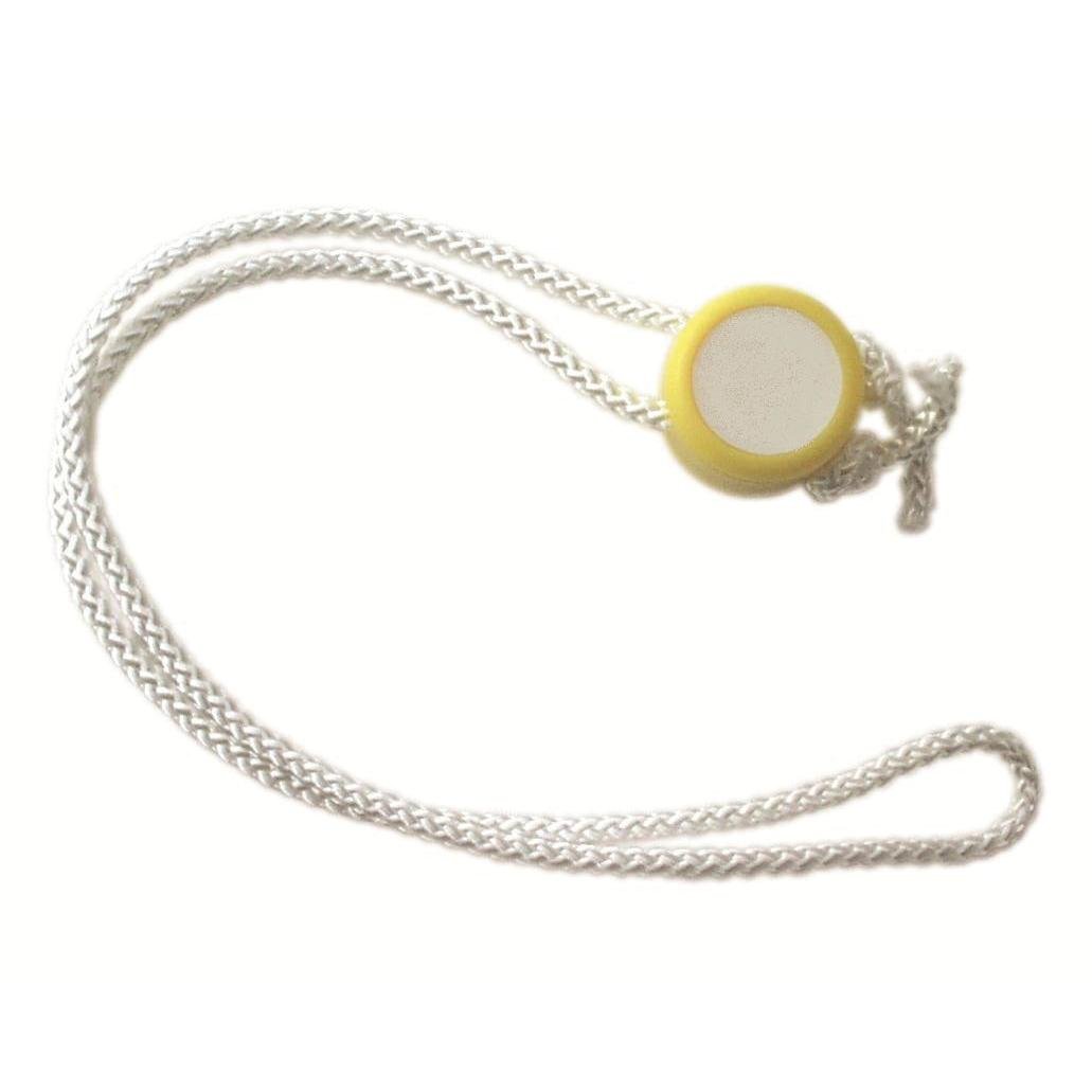 The Novocal Locking Toggle | Pack (1 piece) by Novocal is a white, braided cord with a yellow and white, circular plastic piece, shown against a plain white background.
