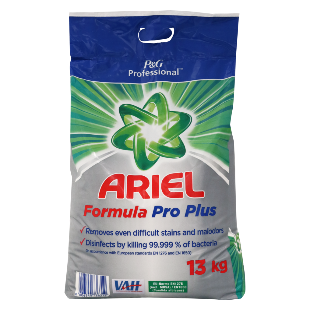 Ein 13-kg-Sack Dr. Schnell ARIEL Formula Pro PLUS Desinfektions-Vollwaschmittel von DR.SCHNELL GmbH & Co. KGaA entfernt Flecken, tötet 99,999% der Bakterien ab und sorgt für professionelle Wäschehygiene. Blau-silbernes Design mit grünem Stern-Logo und rotem Text.