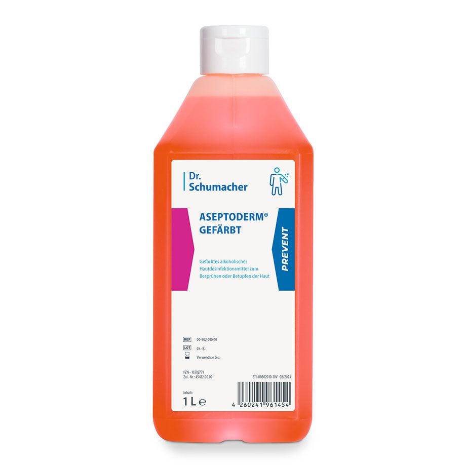 A 1-liter bottle of Dr. Schumacher ASEPTODERM COLORED by Dr. Schumacher GmbH with pink liquid, white cap, and blue-pink label stands upright against a plain white background.