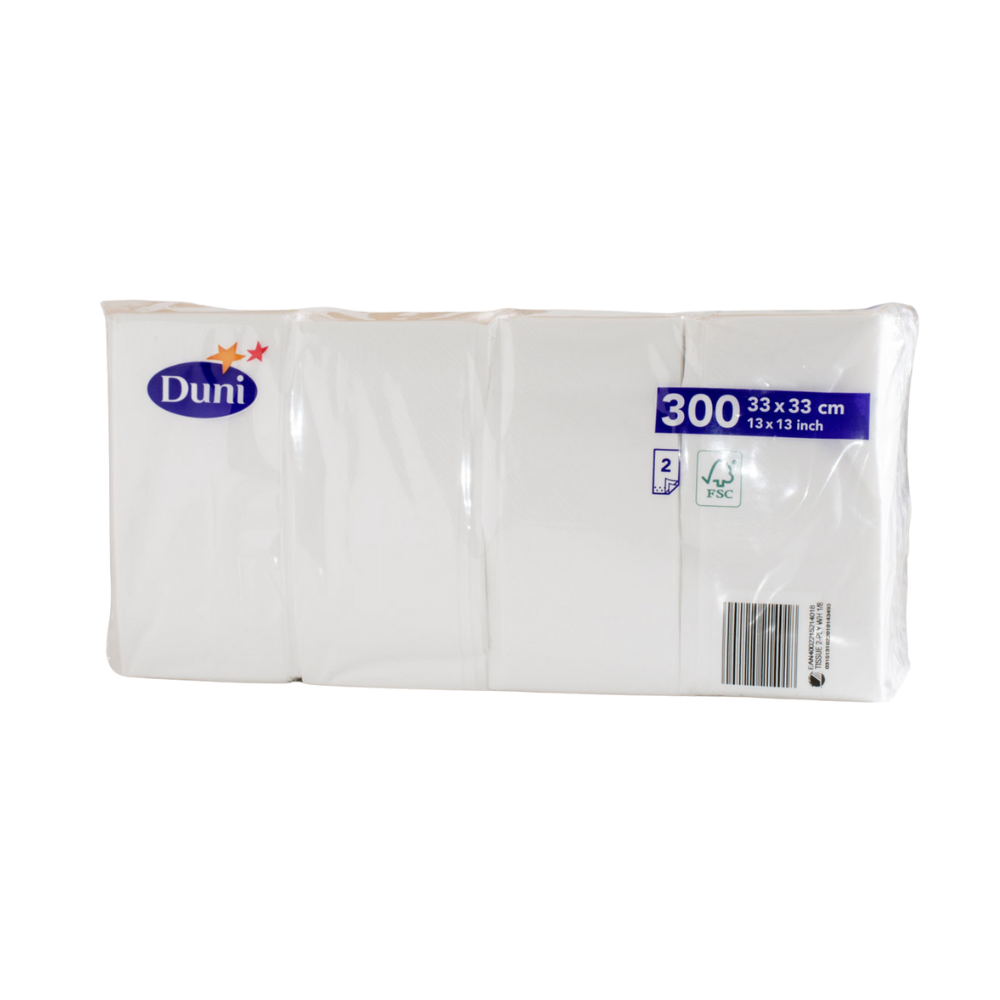 Pictured is a package of tissue napkins from Duni GmbH with 300 white, eco-friendly, 2-ply napkins in a compact size of 33 x 33 cm. The FSC logo and a barcode are shown at the bottom right.