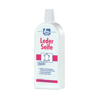 A bottle Dr. Becher Leather soap labeled “Leather Soap” in red and blue, for cleaning and caring for leather goods. The bottle is white and bears the logo of the Dr. Becher GmbH.