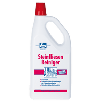 A white plastic bottle “Dr. Becher "Tile Cleaner," with a red cap and a red-and-blue label, is designed for cleaning stone tiles. The label emphasizes professional quality and surface protection.