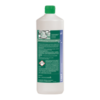 A white plastic bottle with a green cap. The label features green-and-white text with safety and product information, a green illustration of a car, and various hazard symbols. Ideal for cleaning is Dr. Becher BO 330 Basic Cleaner for Porcelain Stoneware Tiles from Dr. Becher GmbH.