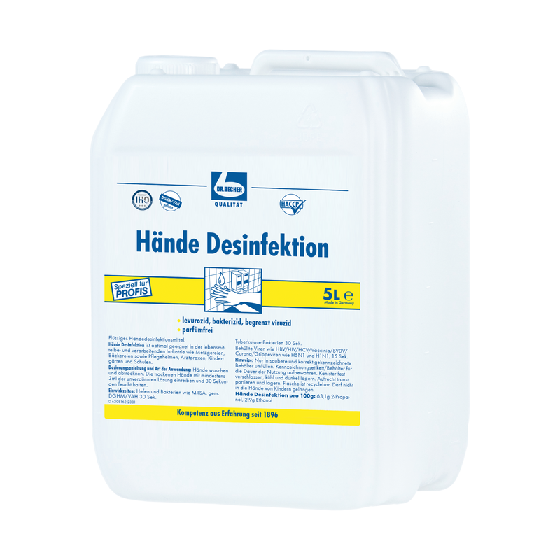 White 5-liter plastic canister with the label „Dr. Becher Hand Disinfection“ and blue and yellow branding, including text and symbols highlighting the virucidal properties of the hand disinfection by Dr. Becher GmbH.