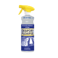 A blue-and-white spray bottle with a yellow trigger, labeled "Dr. Schnell Desifor PlexiFee Surface Disinfectant, "Limited Virucidal PLUS" by DR.SCHNELL GmbH & Co. KGaA, featuring geometric graphics for surface disinfection.