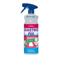 The picture shows a 500 ml bottle Dr. Schnell GastroFee Oil and Grease Remover, ready-to-use, by DR.SCHNELL GmbH & Co. KGaA. This powerful cleaner is designed for alkali-resistant surfaces and features a blue spray nozzle and an eye-catching pink label, making it ideal for ready-to-use applications in demanding environments.