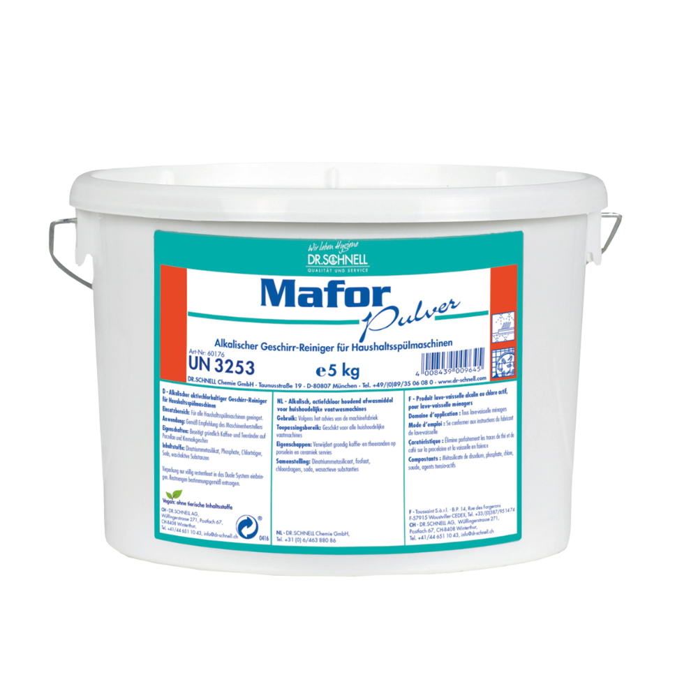 In der weißen Dose mit der Aufschrift „Dr. Schnell MAFOR PULVER“ und blau-grünem Design ist der alkalische Pulverreiniger der DR.SCHNELL GmbH & Co. KGaA optimal für die Haushaltsgeschirrspüler geeignet und sorgt mit einem Nettogewicht von 5 kg für einwandfreie Reinigungsergebnisse.