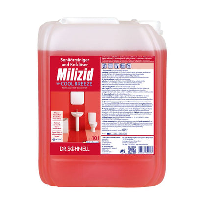 A red 10-liter container of Dr. Schnell Milizid Cool Breeze sanitary cleaner and lime remover from DR.SCHNELL GmbH & Co. KGaA, designed for deodorizing cleaning with sanitary cleaning and lime removing properties. The front label contains images of a toilet and tiles, as well as product details and German text.