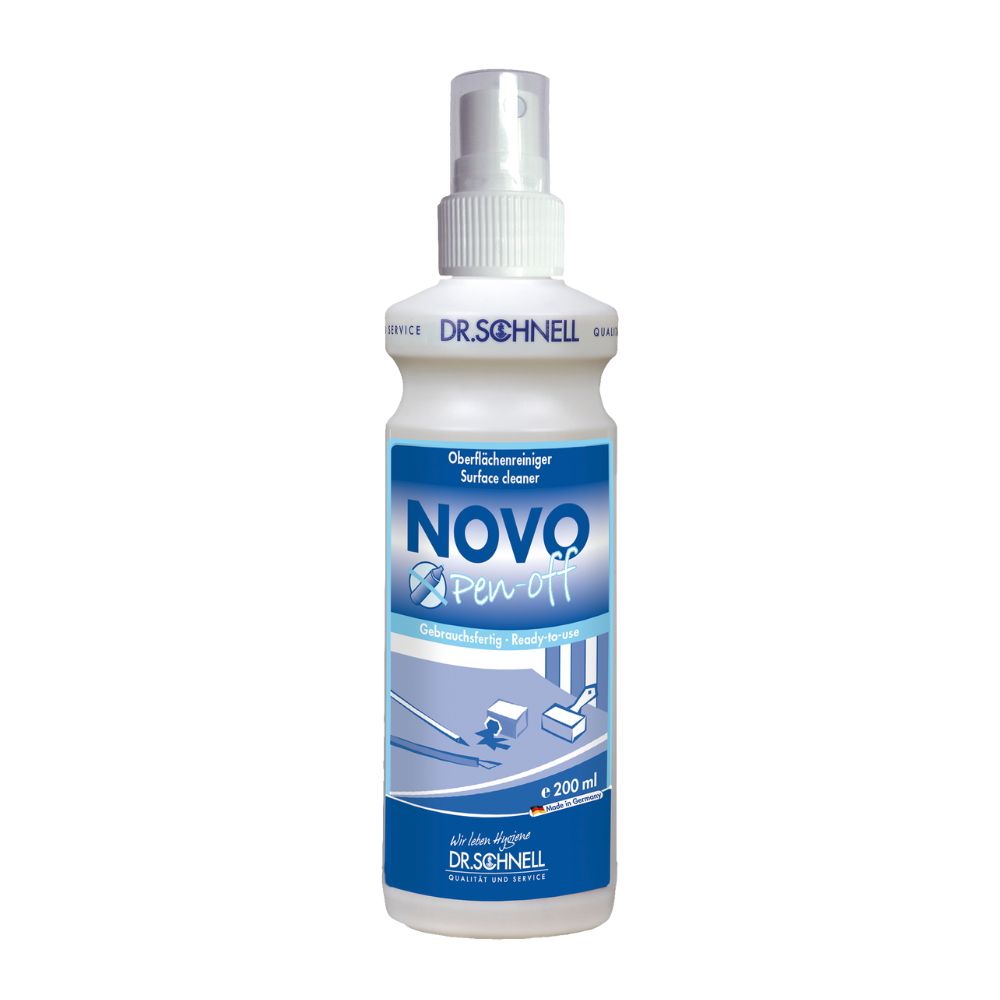 The 500 ml spray bottle of the Dr. Schnell NOVO PEN-OFF special surface cleaner for offices by DR.SCHNELL GmbH & Co. KGaA with blue-white labeling and application instructions for effective stain removal on office surfaces.