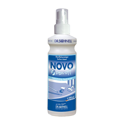 The 500 ml spray bottle of the Dr. Schnell NOVO PEN-OFF special surface cleaner for offices by DR.SCHNELL GmbH & Co. KGaA with blue-white labeling and application instructions for effective stain removal on office surfaces.