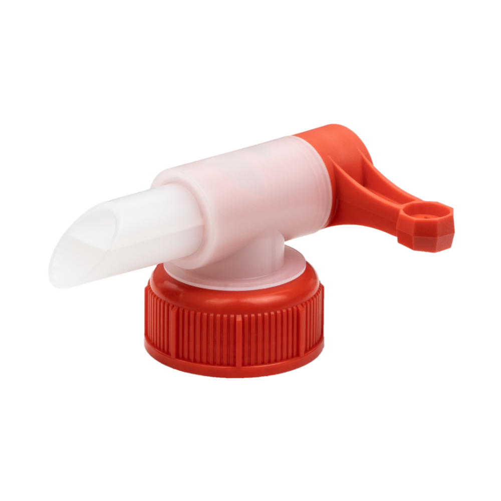The Dr. Schnell threaded tap from DR.SCHNELL GmbH & Co. KGaA is a red-white plastic tap with a screw cap, ideal for dispensing liquids from containers like a 20-liter canister, depicted on a white background.