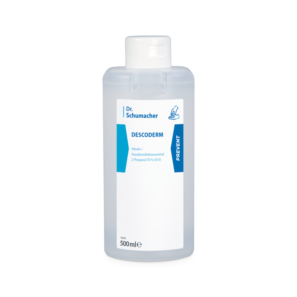 Shown is a 500 ml bottle of Descoderm skin disinfection by Dr. Schumacher GmbH. The transparent bottle with a white flip-top cap is equipped with a label with blue and white details indicating that the product contains 70% 2-propanol (v/v). This fragrance-free disinfectant ensures effective hand and skin disinfection.