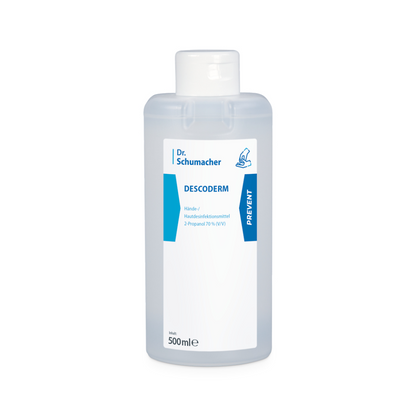 Shown is a 500 ml bottle of Descoderm skin disinfection by Dr. Schumacher GmbH. The transparent bottle with a white flip-top cap is equipped with a label with blue and white details indicating that the product contains 70% 2-propanol (v/v). This fragrance-free disinfectant ensures effective hand and skin disinfection.
