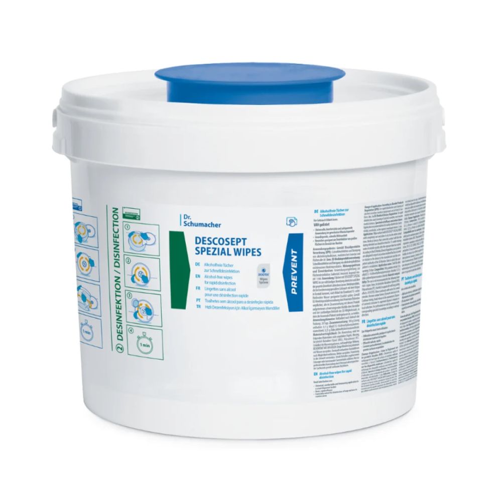 A white plastic container labeled "Dr. Schumacher DESCOSEPT SPEZIAL WIPES Disinfection Wipes" with blue and green text and graphics, categorized under medical products, offers instructions and safety information on the side. The lid is white with a blue top, ideal for storing these wipes from Dr. Schumacher GmbH.