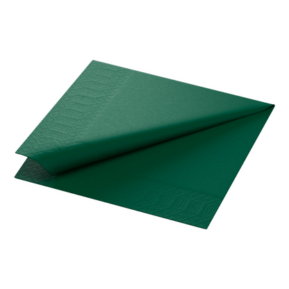 A folded dark green tissue napkin from Duni GmbH, 33 x 33 cm 1/4 fold, 3-ply, lies on a white background. The napkin has an embossed pattern on the edges and is fully compostable.