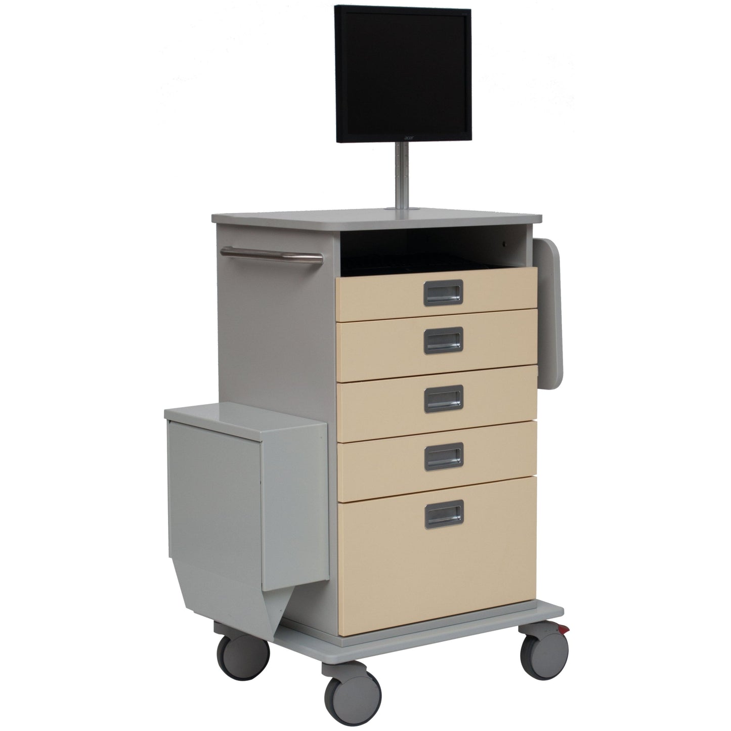 Das Novocal EDV-Wagen Fahrgestell verfügt über eine robuste Vollkunststoffplatte, vier beigefarbene Schubladen, einen grauen Griff, eine Halterung für Flachbildschirme, Räder für Mobilität und ein praktisches Seitenfach.