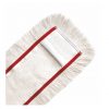 Eine Nahaufnahme des rechteckigen Arcora FIRST MOPP von Arcora International GmbH, ein weißer Mikrofaser-Staubmoppkopf mit roter Umrandung und ausgefransten Kanten für eine effektive Bodenreinigung, dargestellt auf einem schlichten weißen Hintergrund.