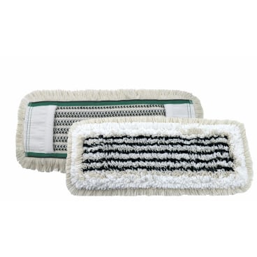 Two rectangular Arcora HOSPITAL HYGIENE MOP GREEN heads from Arcora International GmbH: one shows a white-black striped surface for hygienic cleaning, the other its mesh back and fabric straps with white fringes.