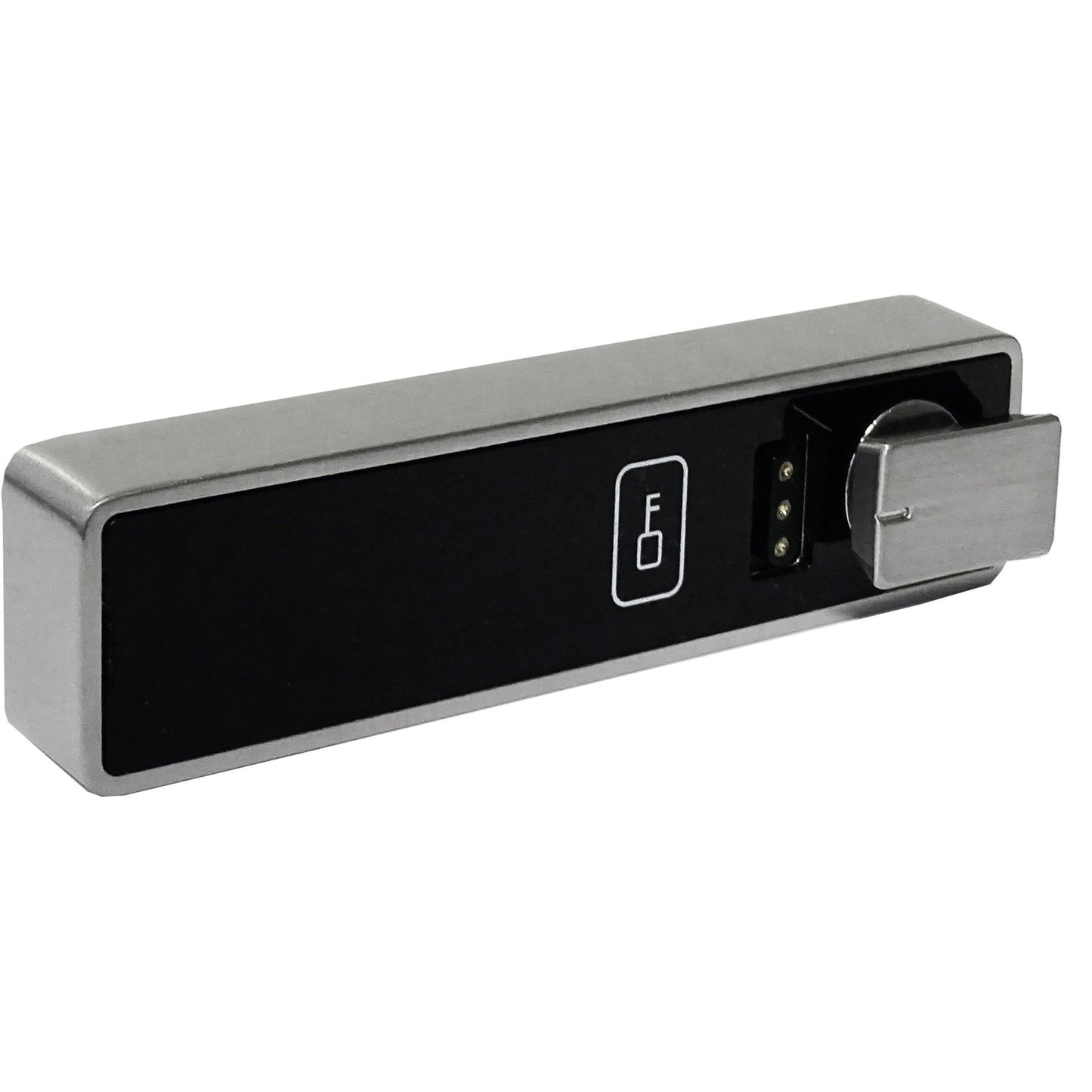 The electronic RFID lock from Novocal features a black front plate, silver edges, a keyhole, and a central RFID symbol for access control. Ideal for central locking; compatible with all Mifar types. The package contains 1 piece.