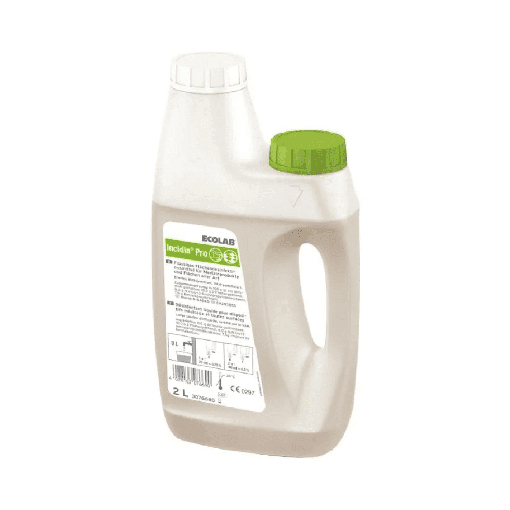A 2-liter Altruan discontinued item: Ecolab Incidin™ Pro surface disinfectant pack (100 pieces), in a white bottle with double cap, integrated handle, and front label - designed for effective surface disinfection.