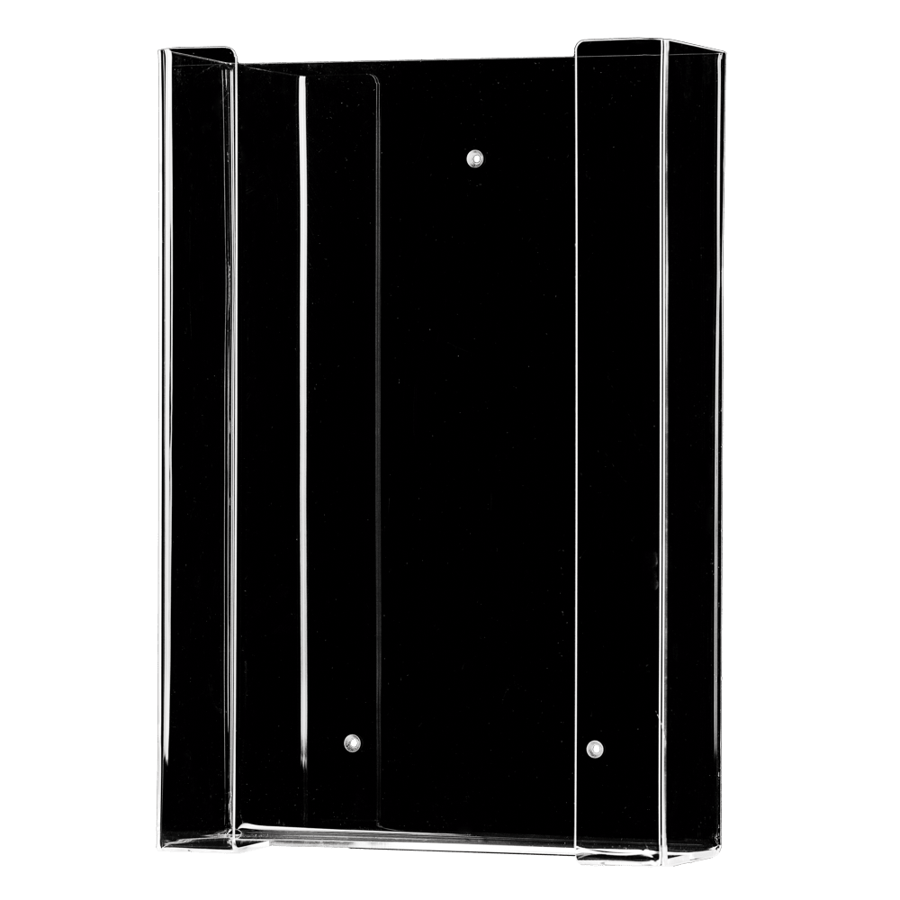 The AMPri disposable glove dispenser for 3 boxes (258 x 392 x 96 mm) is a transparent, milky acrylic glove dispenser holder TRIO with two side walls, a flat back, and three screw holes for wall mounting. Shown empty on a plain white background.