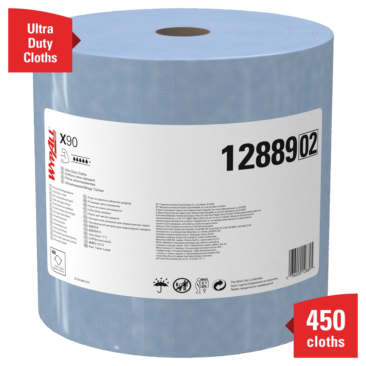 Eine große blaue Rolle WypAll® X90 PowerClean von Kimberly-Clark GmbH (1 Rolle x 450 Blatt, Produkt 1288902) hat ein weißes Etikett, Icons und rote Banner mit den Angaben "Ultra Duty Cloths" und "450 Tücher".