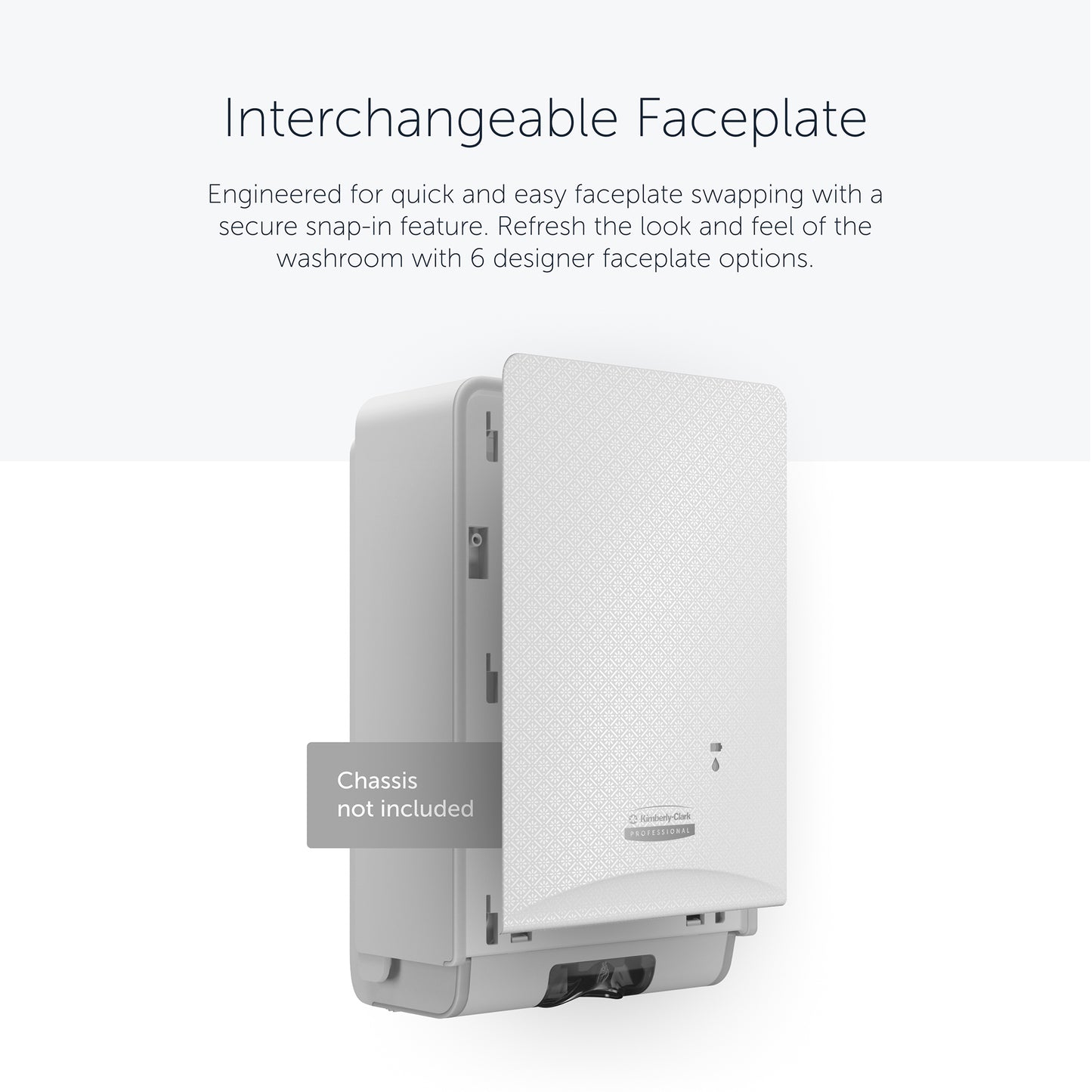 Ein Kimberly-Clark Professional™ Icon™ Dispenser Faceplate - eSkinCare (20,32 x 27,30 x 3,81 cm) der Kimberly-Clark GmbH ist teilweise geöffnet mit einer Einrastfunktion abgebildet; Gehäuse nicht enthalten; wählen Sie aus sechs Designer Faceplate-Optionen.