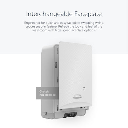 Ein Kimberly-Clark Professional™ Icon™ Dispenser Faceplate - eSkinCare (20,32 x 27,30 x 3,81 cm) der Kimberly-Clark GmbH ist teilweise geöffnet mit einer Einrastfunktion abgebildet; Gehäuse nicht enthalten; wählen Sie aus sechs Designer Faceplate-Optionen.