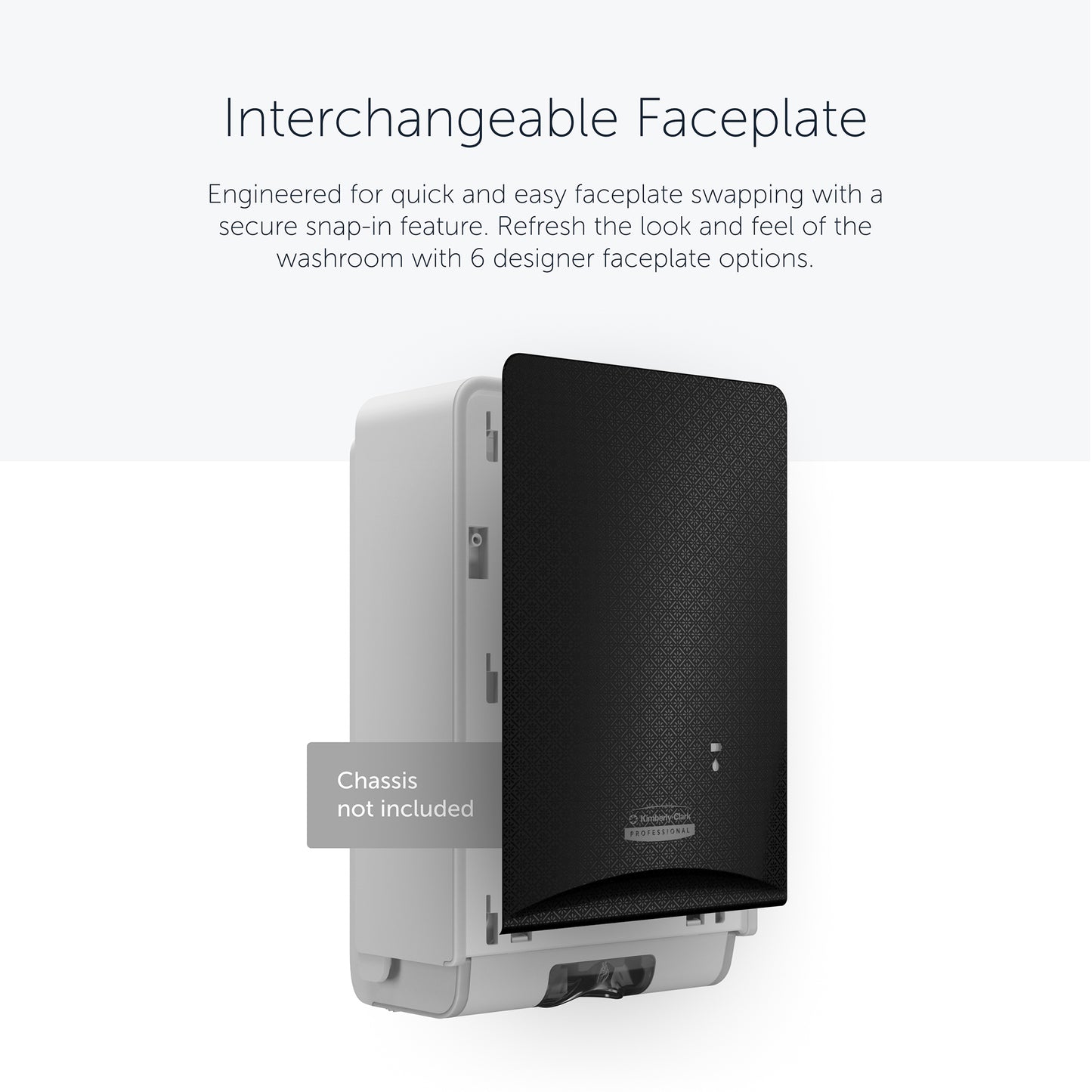 Die Kimberly-Clark Professional™ Icon™ Dispenser Faceplate - eSkinCare (20,32 x 27,30 x 3,81 cm) von Kimberly-Clark GmbH ist teilweise geöffnet und leicht austauschbar; Gehäuse nicht im Lieferumfang enthalten.