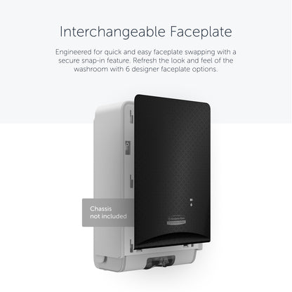 Die Kimberly-Clark Professional™ Icon™ Dispenser Faceplate - eSkinCare (20,32 x 27,30 x 3,81 cm) von Kimberly-Clark GmbH ist teilweise geöffnet und leicht austauschbar; Gehäuse nicht im Lieferumfang enthalten.