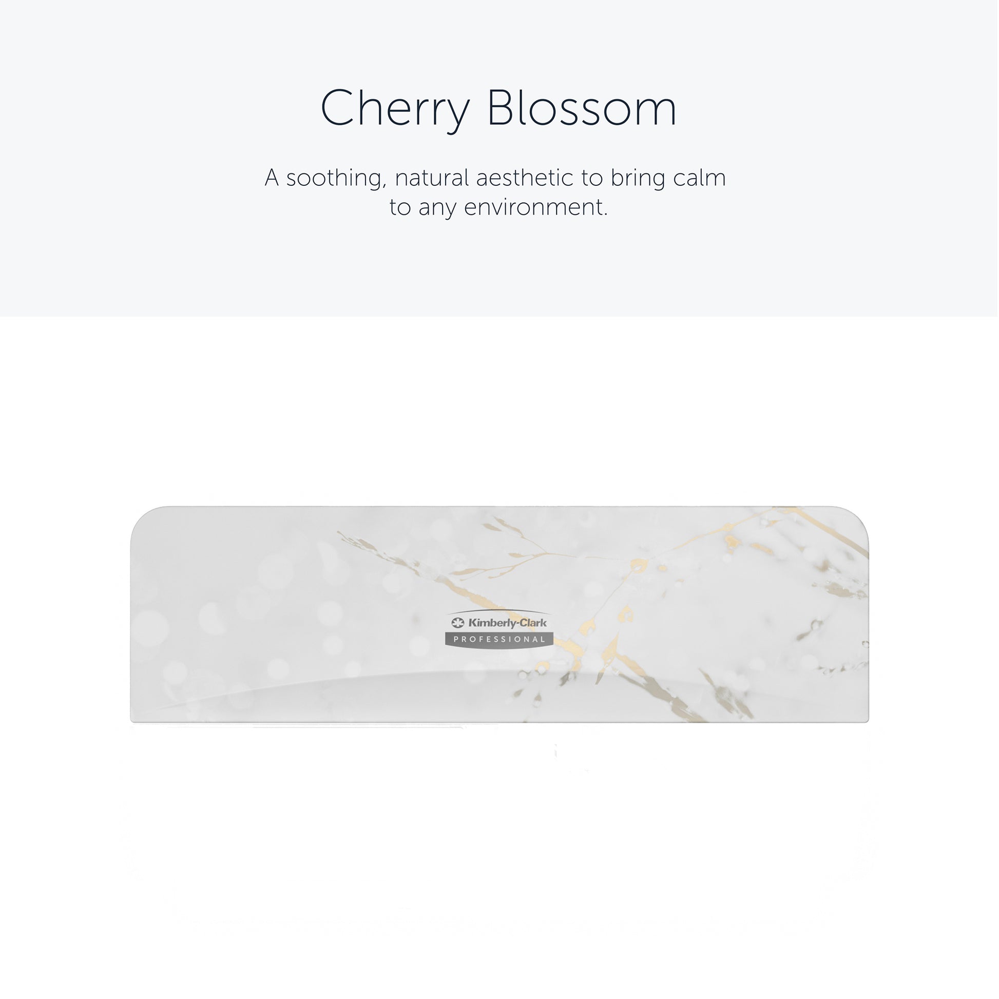 Die Kimberly-Clark Professional™ Icon™ Dispenser Faceplate - SRBH (32,39 cm x 10,80 cm x 3,18 cm) der Kimberly-Clark GmbH zeichnet sich durch ein weißes und hellgraues Marmormuster, ein zentrales Icon™-Etikett und "Cherry Blossom"-Akzente für einen beruhigenden Look aus.