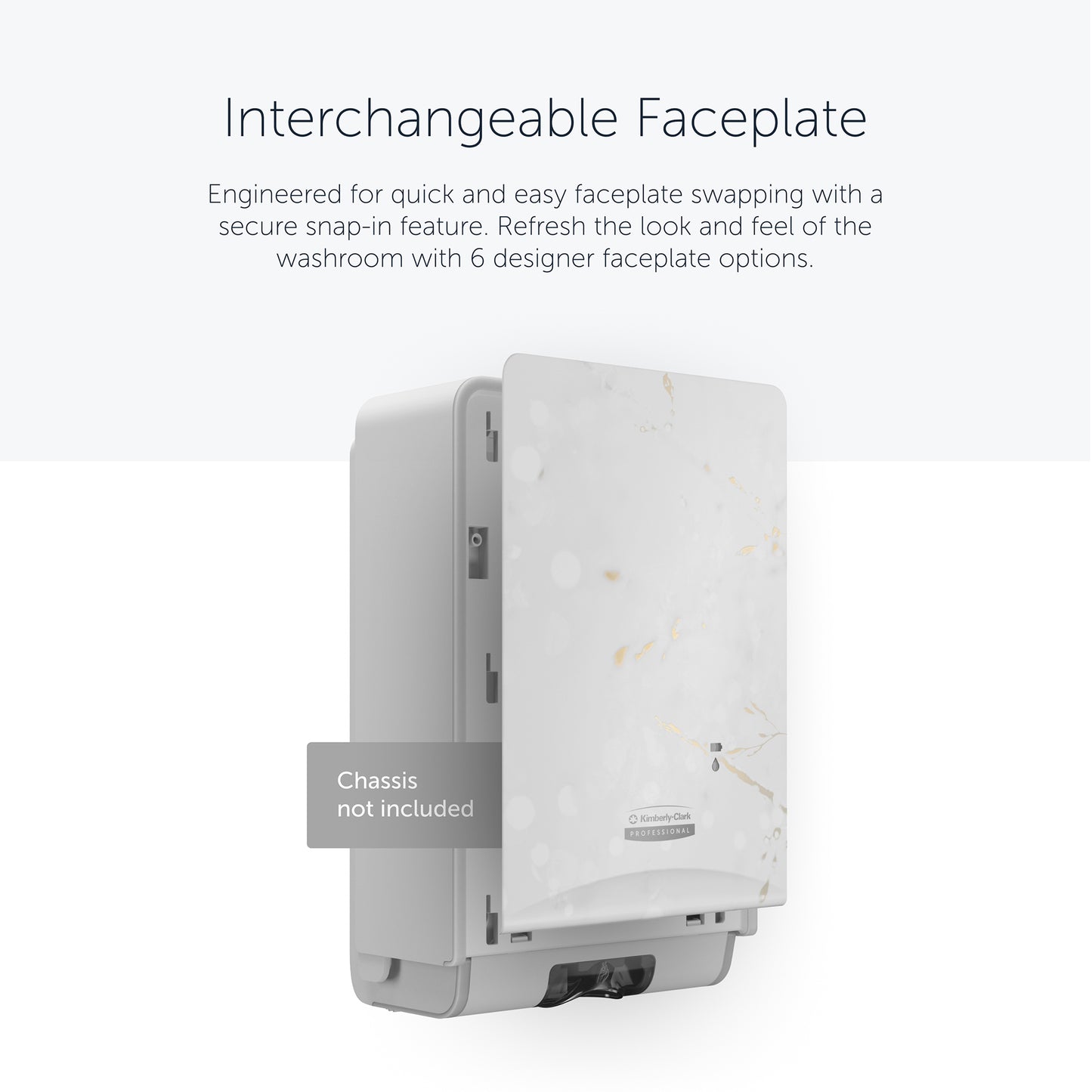 Die Kimberly-Clark Professional™ Icon™ Dispenser Faceplate - eSkinCare (20,32 x 27,30 x 3,81 cm) der Kimberly-Clark GmbH zeichnet sich durch ein Marmormuster und einen einfachen Wechsel zwischen sechs Designoptionen aus und wertet Ihr Waschraumzubehör auf. Chassis nicht enthalten.