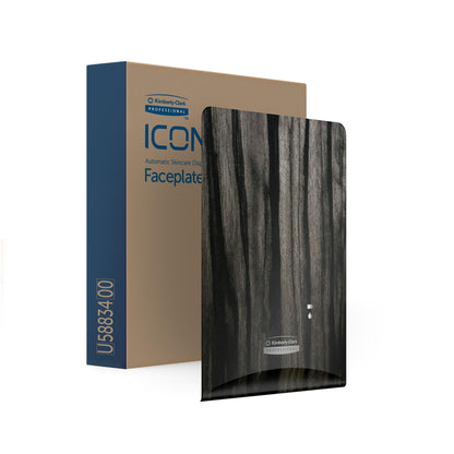 Eine verpackte Kimberly-Clark Professional™ Icon™ Spenderfrontplatte - eSkinCare sitzt neben einer schwarzen eSkinCare-Abdeckung mit Holzmaserung und unterstreicht das stilvolle Waschraumzubehör der Kimberly-Clark GmbH für moderne Einrichtungen.