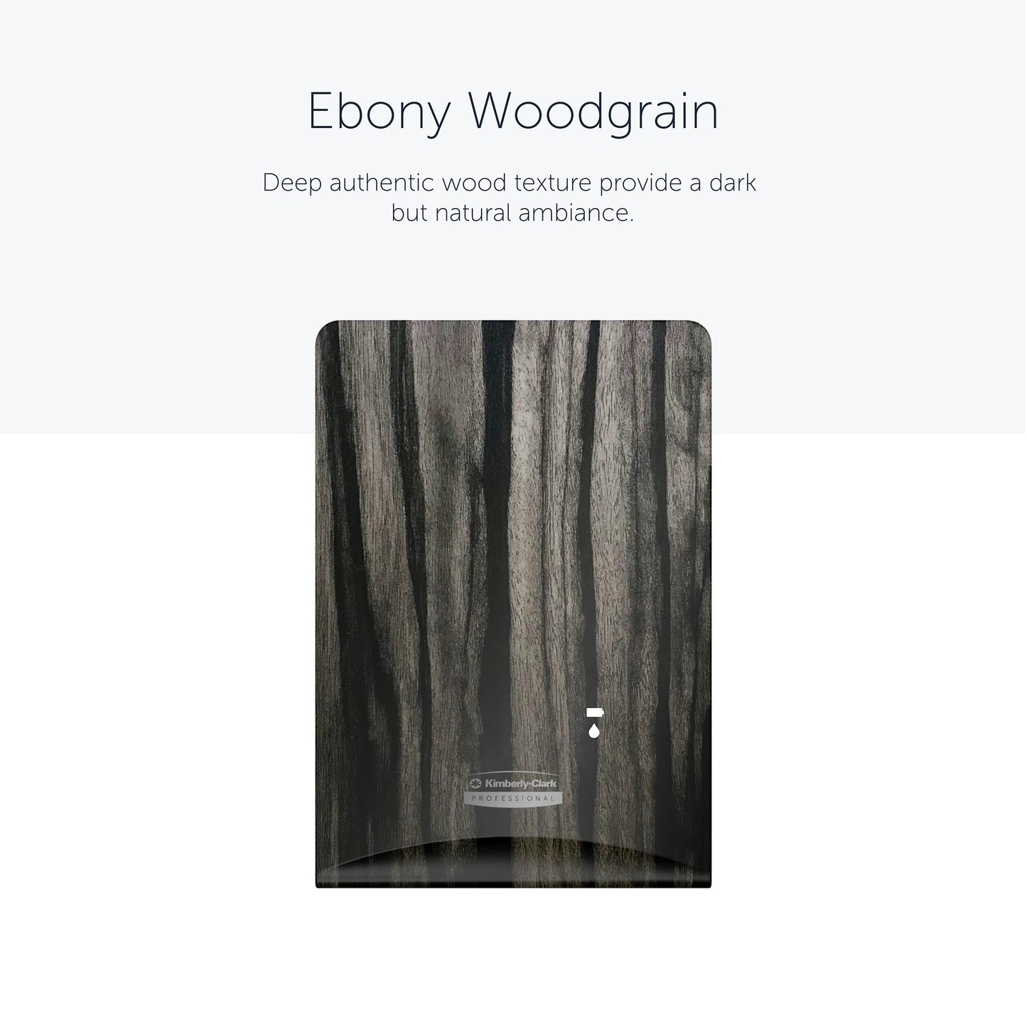Die Kimberly-Clark Professional™ Icon™ Spenderfrontplatte der Kimberly-Clark GmbH in "Ebony Woodgrain" weist vertikale dunkle und helle Streifen auf und verleiht jedem Waschraum ein natürliches und dennoch anspruchsvolles Aussehen. Größe: 20,32 x 27,30 x 3,81 cm.