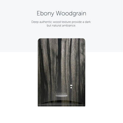 Die Kimberly-Clark Professional™ Icon™ Spenderfrontplatte der Kimberly-Clark GmbH in "Ebony Woodgrain" weist vertikale dunkle und helle Streifen auf und verleiht jedem Waschraum ein natürliches und dennoch anspruchsvolles Aussehen. Größe: 20,32 x 27,30 x 3,81 cm.