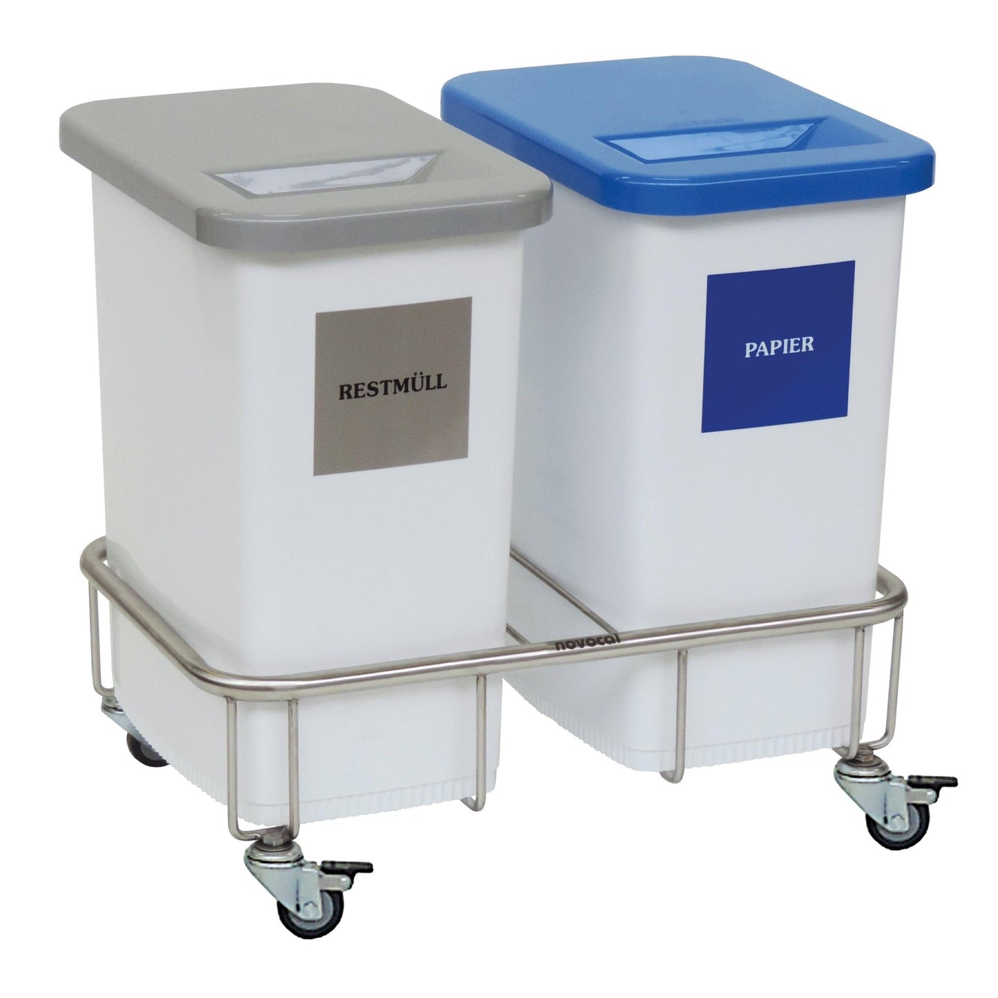 The Novocal recyclable collector chassis, a stainless steel double collector with two white plastic containers - one with a gray lid for residual waste, one with a blue lid for paper - is ideal for organized waste separation.
