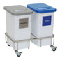 The Novocal recyclable collector chassis, a stainless steel double collector with two white plastic containers - one with a gray lid for residual waste, one with a blue lid for paper - is ideal for organized waste separation.