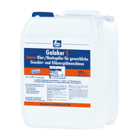10-liter white plastic canister with Dr. Becher Galakor S Clarifier/Rinse Aid for commercial dishwashers and glasswashers of the Dr. Becher GmbH, with blue and orange label graphics and a handle on the top.