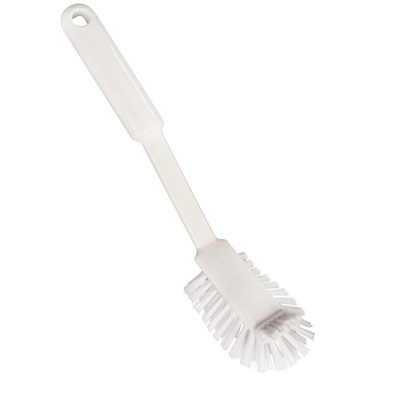 THE GENTLE SCRATCH BRUSH by Haug Bürsten KG is a white nylon 6.6 dish brush (ø 0.40 mm, medium) with a long handle and a hanging hole, ideal for gentle cleaning. Dimensions: 275 x 60 x 20 mm.