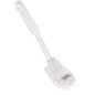 THE GENTLE SCRATCH BRUSH by Haug Bürsten KG is a white nylon 6.6 dish brush (ø 0.40 mm, medium) with a long handle and a hanging hole, ideal for gentle cleaning. Dimensions: 275 x 60 x 20 mm.