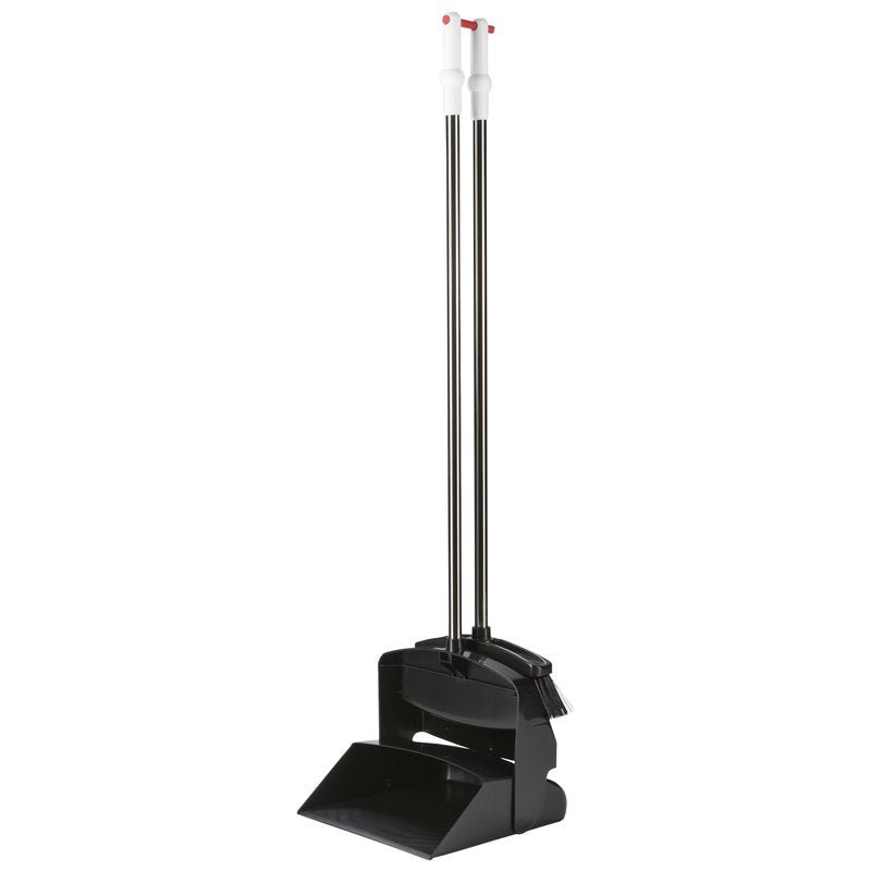 The ESD FUTURA DUSTPAN SET from Haug Bürsten KG consists of a black dustpan and a broom with long silver handles, white grips, and red tips, and is ideal for cleaning electronic production areas. The broom can be attached to the dustpan for easy storage.