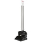 The ESD FUTURA DUSTPAN SET from Haug Bürsten KG consists of a black dustpan and a broom with long silver handles, white grips, and red tips, and is ideal for cleaning electronic production areas. The broom can be attached to the dustpan for easy storage.