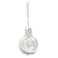 The Haug Bürsten KG TOILET SET. "ZWIEBEL," BRUSH 6140 WHITE (ø180x410mm) is a white plastic toilet set with a round holder, a ribbed handle, and a hanging hole—ideal for any bathroom.