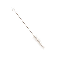 The TEST TUBE BRUSH, PBT TRANSPARENT, ø 0.20 mm, SOFT, 300x, ø 35/25 mm, from Haug Bürsten KG has soft white PBT bristles and a twisted wire handle with a loop—ideal for cleaning in the lab. The brush is shown isolated against a white background.